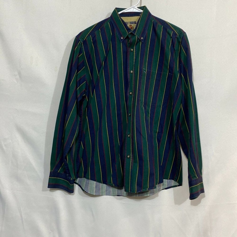 Gulf Traders Mens Green Striped Classic Long Sleeves Button Front Shirt Size M